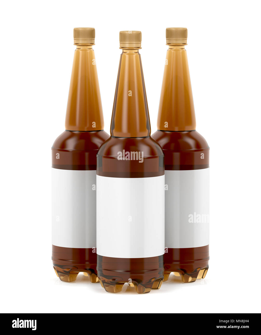 Three big plastic beer bottles with blank labels on white background
