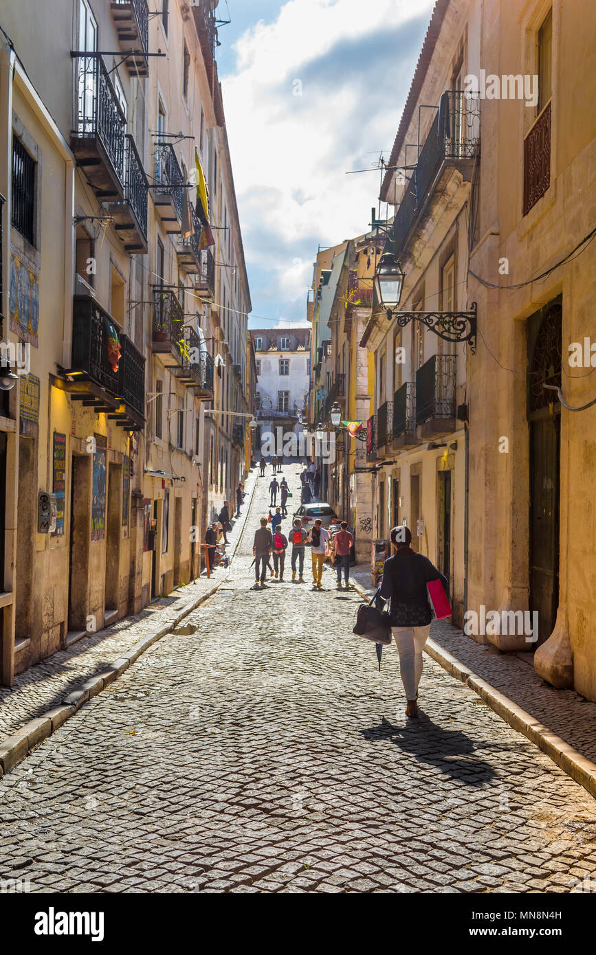 Bairro Alto Lisbon, view of a street in the historic Bairro Alto quarter of Lisbon, Portugal. Stock Photo