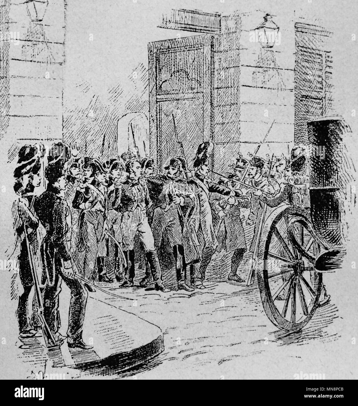 The Malet coup of 1812, Paris, France. Aimed at removing Napoleon I. The Coup failedand. Arrest of Malet. Engraving. Stock Photo