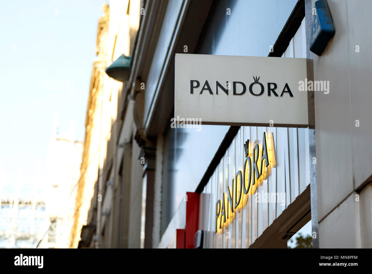 A branch of the Pandora high street jewellery chain. Pandora high street, Pandora logo, Pandora sign. Stock Photo