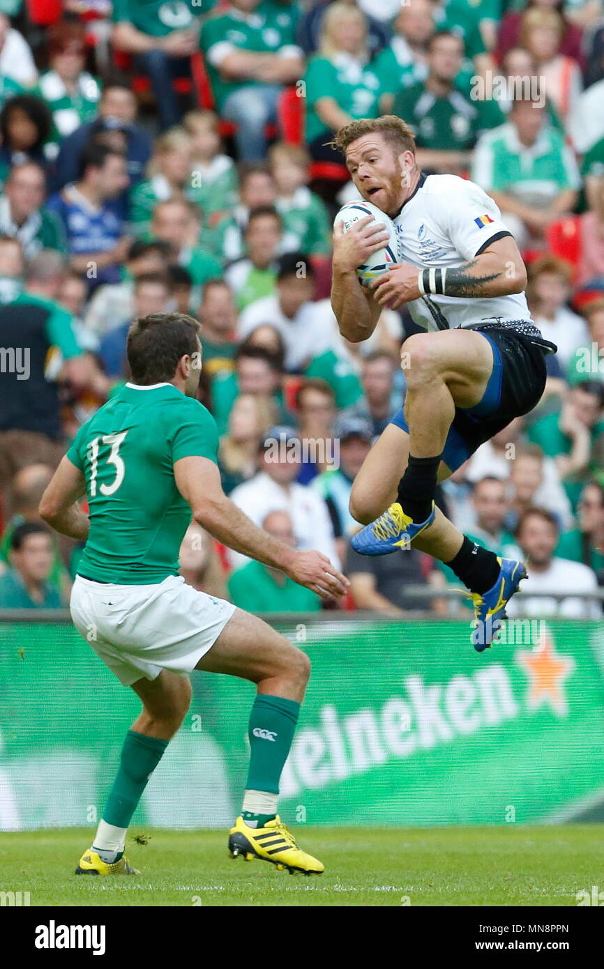 Csaba Gal collects the high ball for Romania during the IRB RWC 2015 match between Ireland v Romania - Pool D Match 19 at Wembley Stadium. London, England. 27 September 2015 Stock Photo