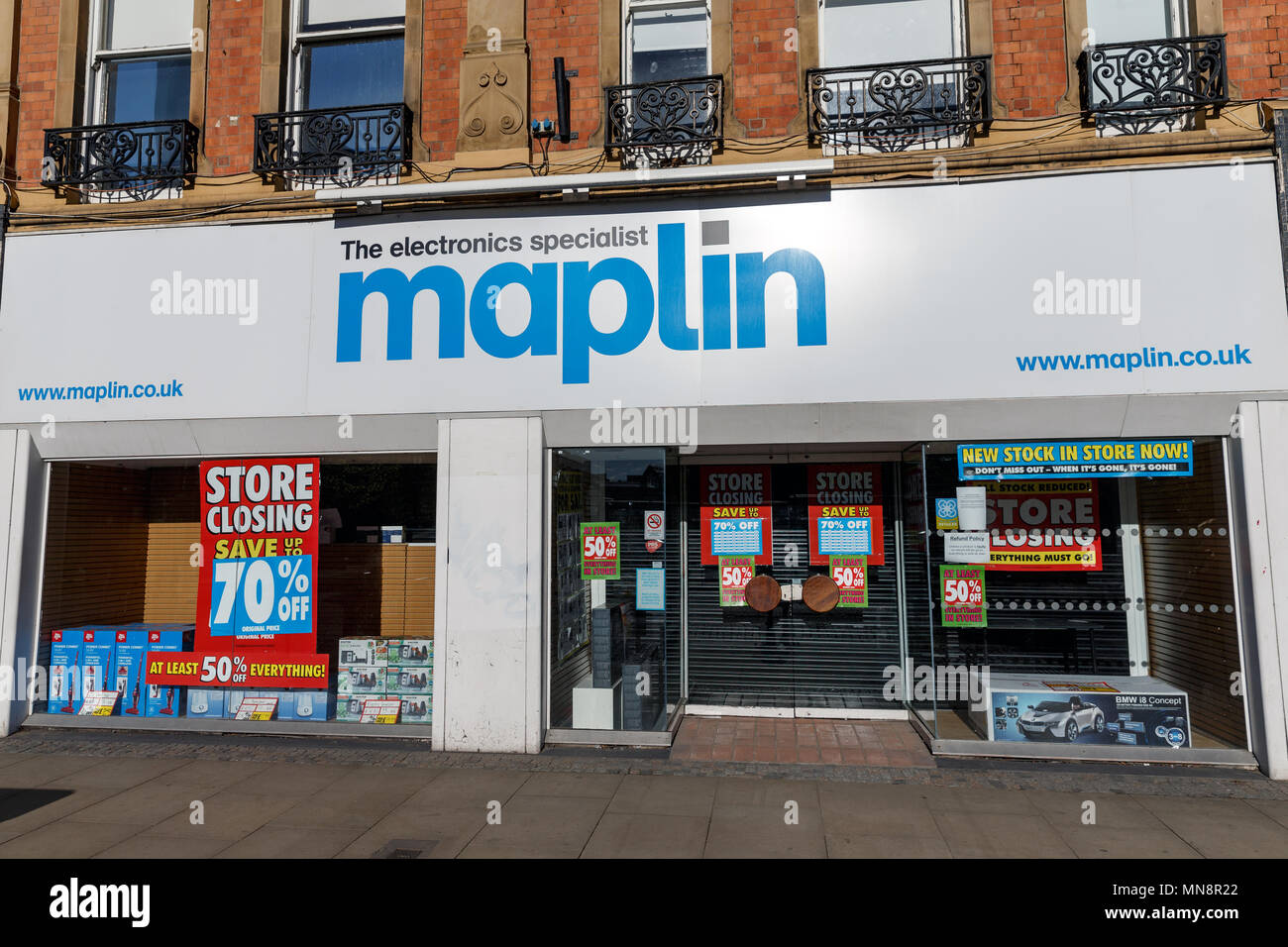 A branch of the former electronic goods chain Maplin in the United Kingdom, pictured in 2018 while advertising a store closing sale. Stock Photo