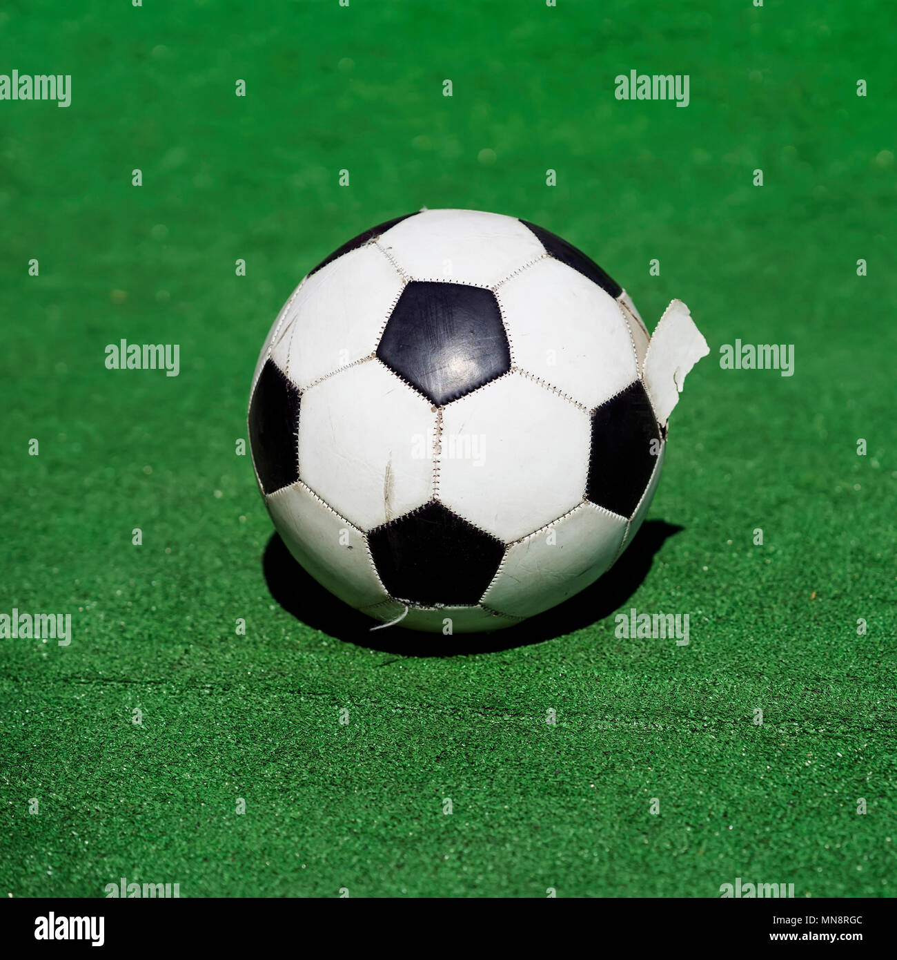 Old Dirty Tattered Soccer Ball Close Up Traditional Classic Black And White Football Ball On Green Field Of The Stadium Training Playground Square Stock Photo Alamy