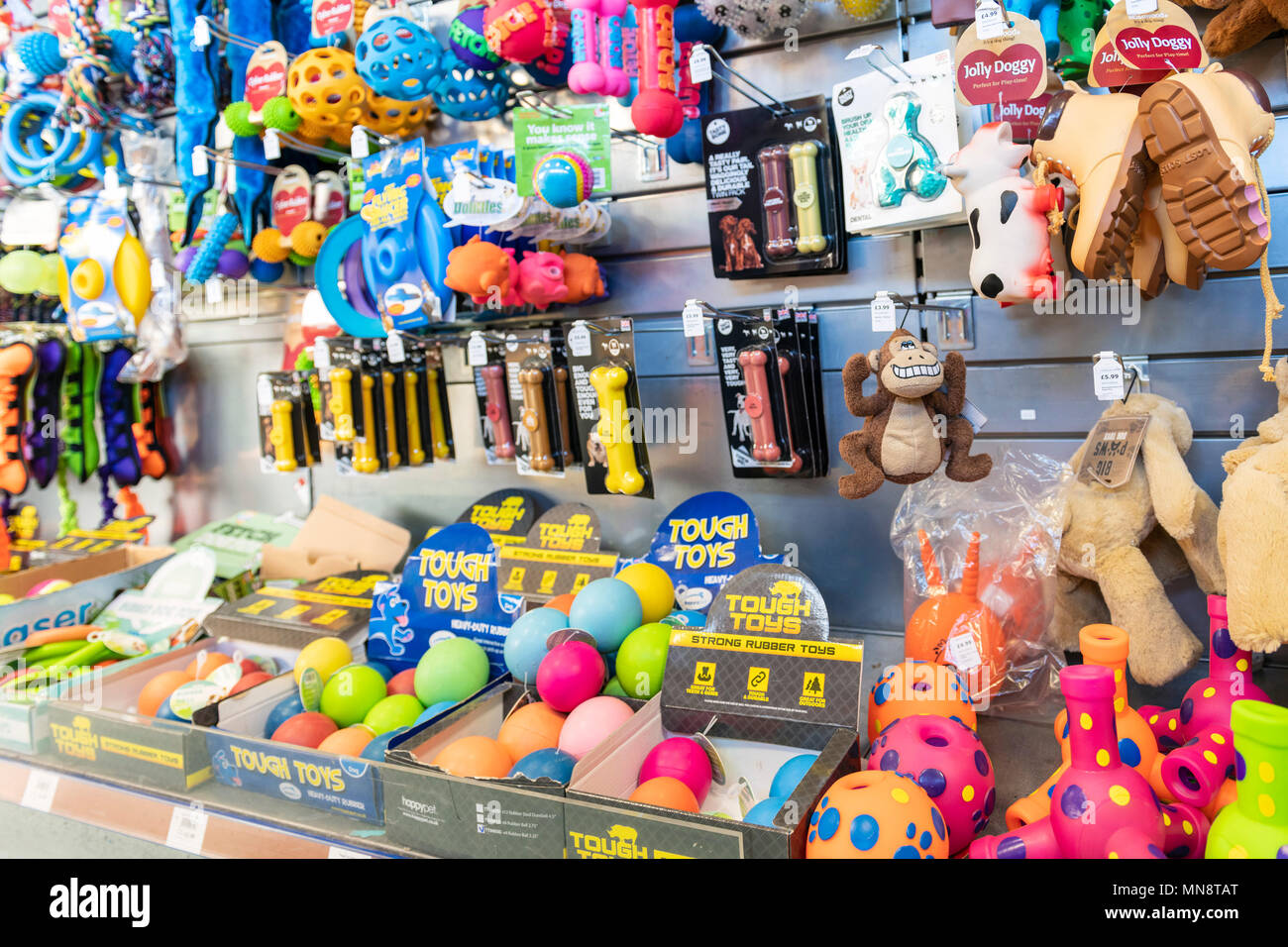 Dog toys for sale in a store, UK Stock 