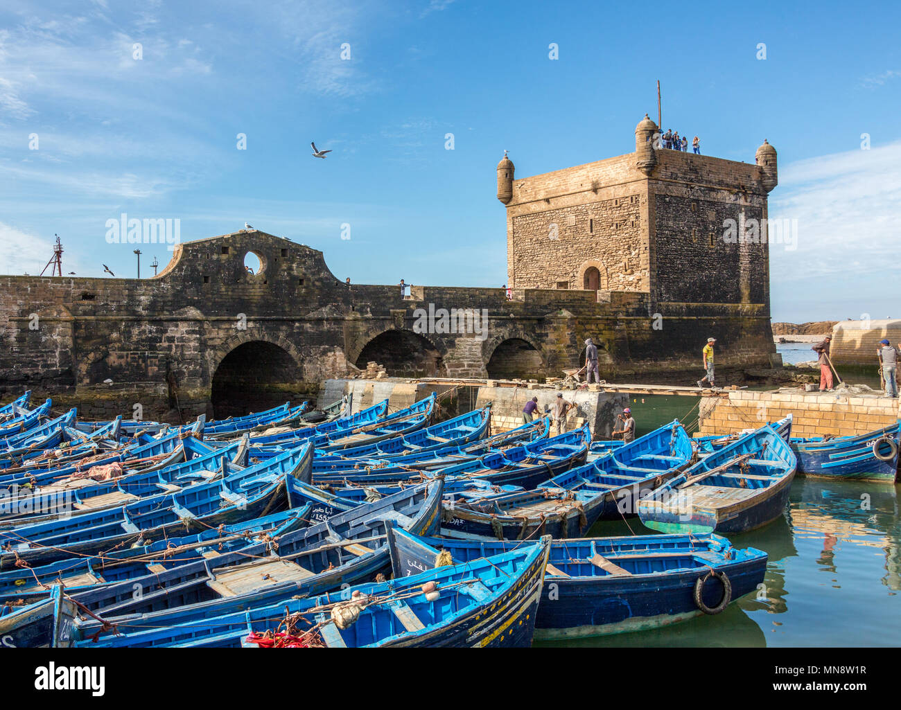 Bright Blue fishing boats moored by the historic Fort in the harbor off of the Atlantic Ocean in the historic port city of Essaouira, Morocco, Africa. Stock Photo