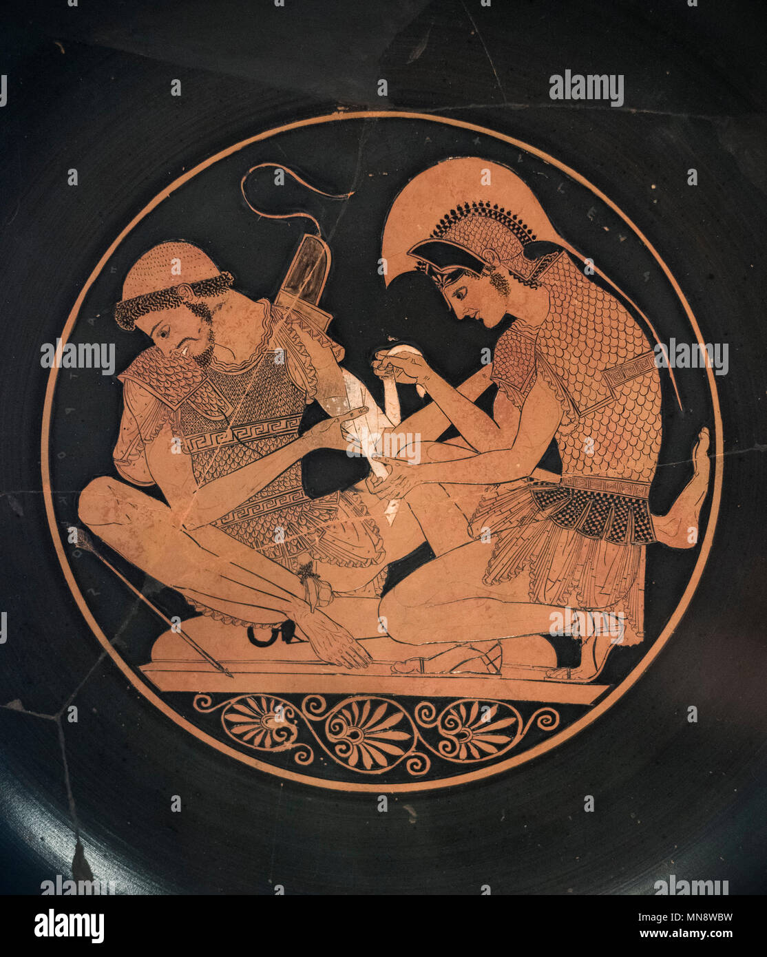 Berlin. Germany. Altes Museum. Achilles Binds Patroclus. Attic red-figure Drinking Cup / Kylix of the Painter / Potter Sosias. From Vulci, Italy. Clay Stock Photo