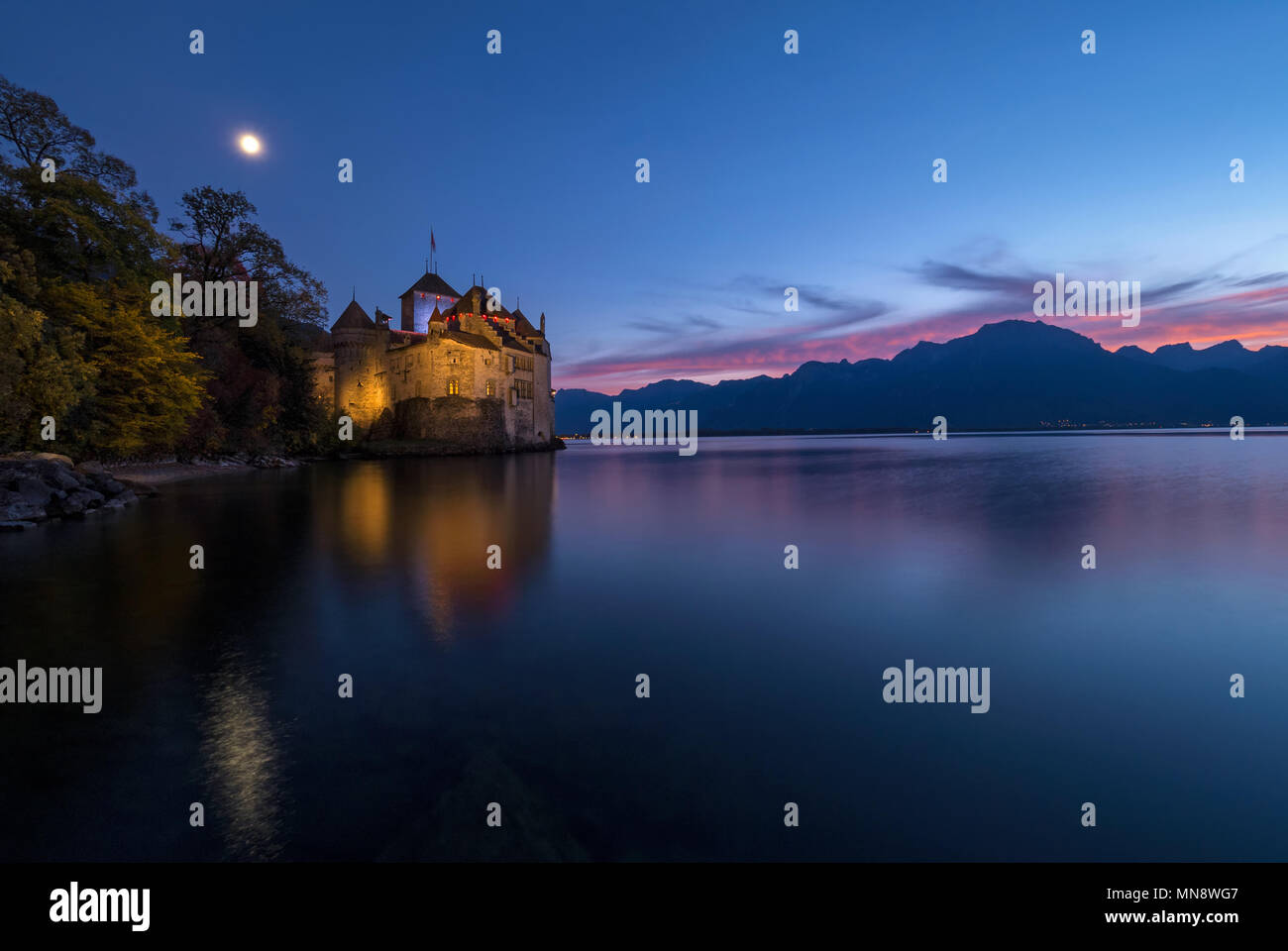 Chillon castle at Night Stock Photo