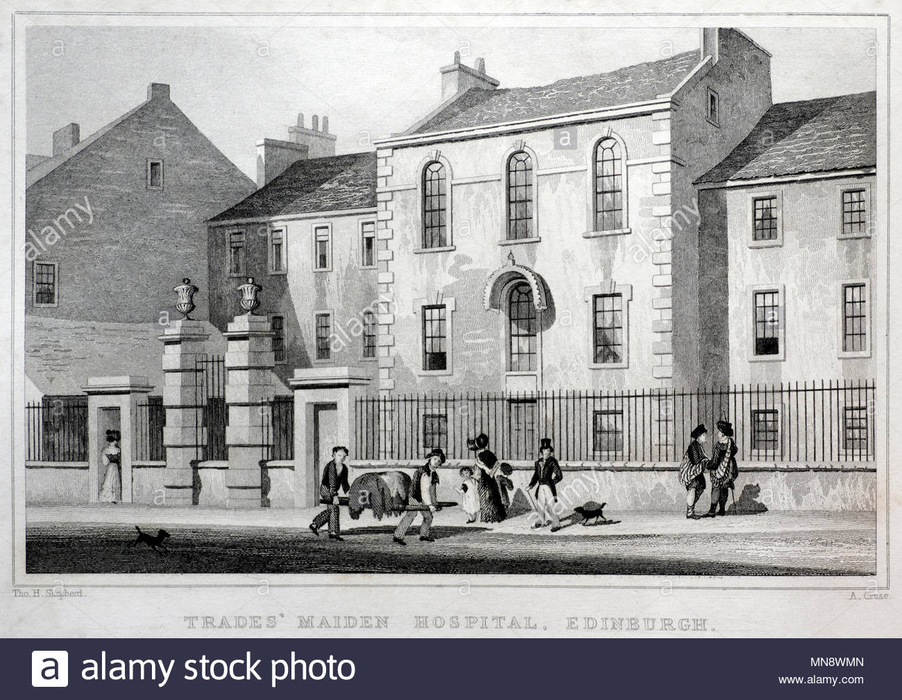 Trades' Maiden Hospital, Edinburgh, antique engraving from 1829 Stock Photo