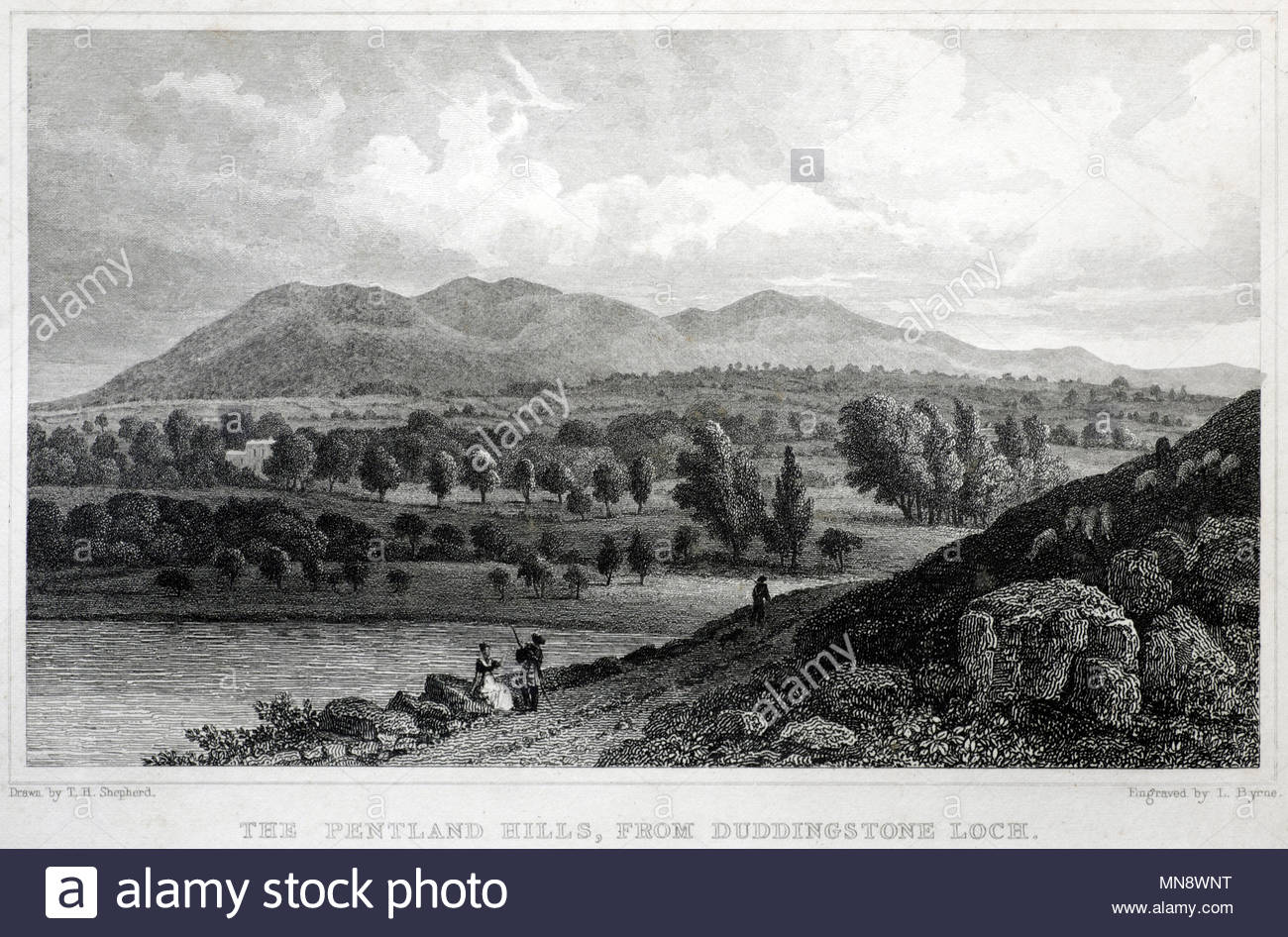 The Pentland Hills, from Duddingston loch, Edinburgh, antique engraving