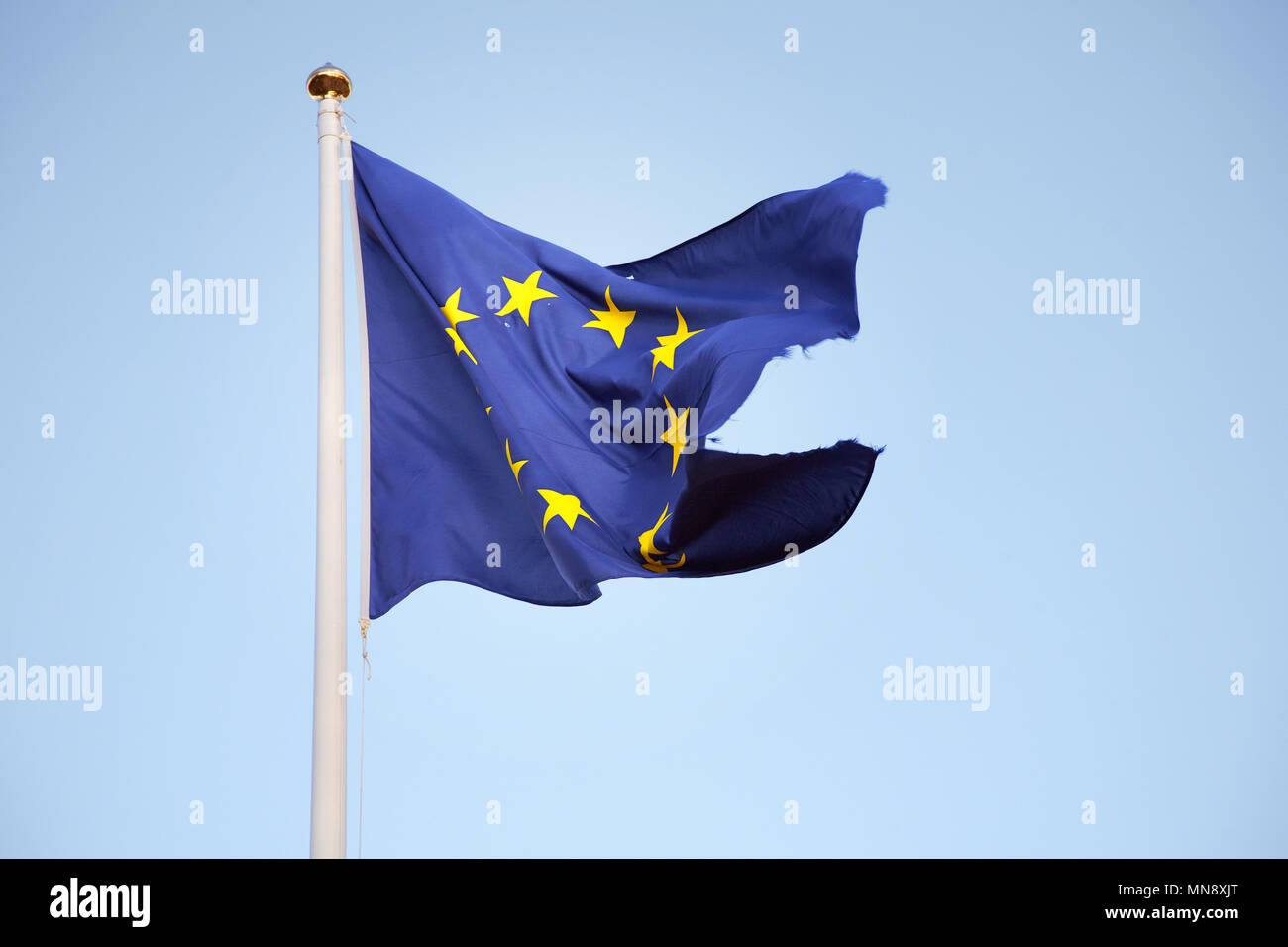 A torn flag of the European Union. The flag can symbolize decay and crisis. Stock Photo