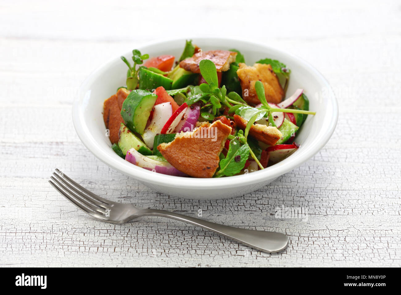 fattoush salad with sumac and pita bread, Lebanese cuisine Stock Photo