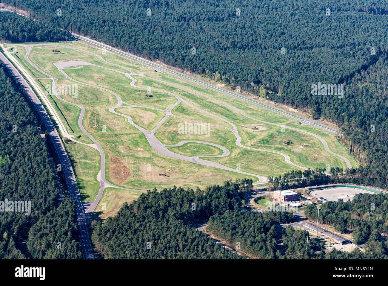 Aerial view, Volkswagen AG test track Ehra-Lessien, racetrack, Ehra section of the Volkswagen factory in Wolfsburg Stock Photo
