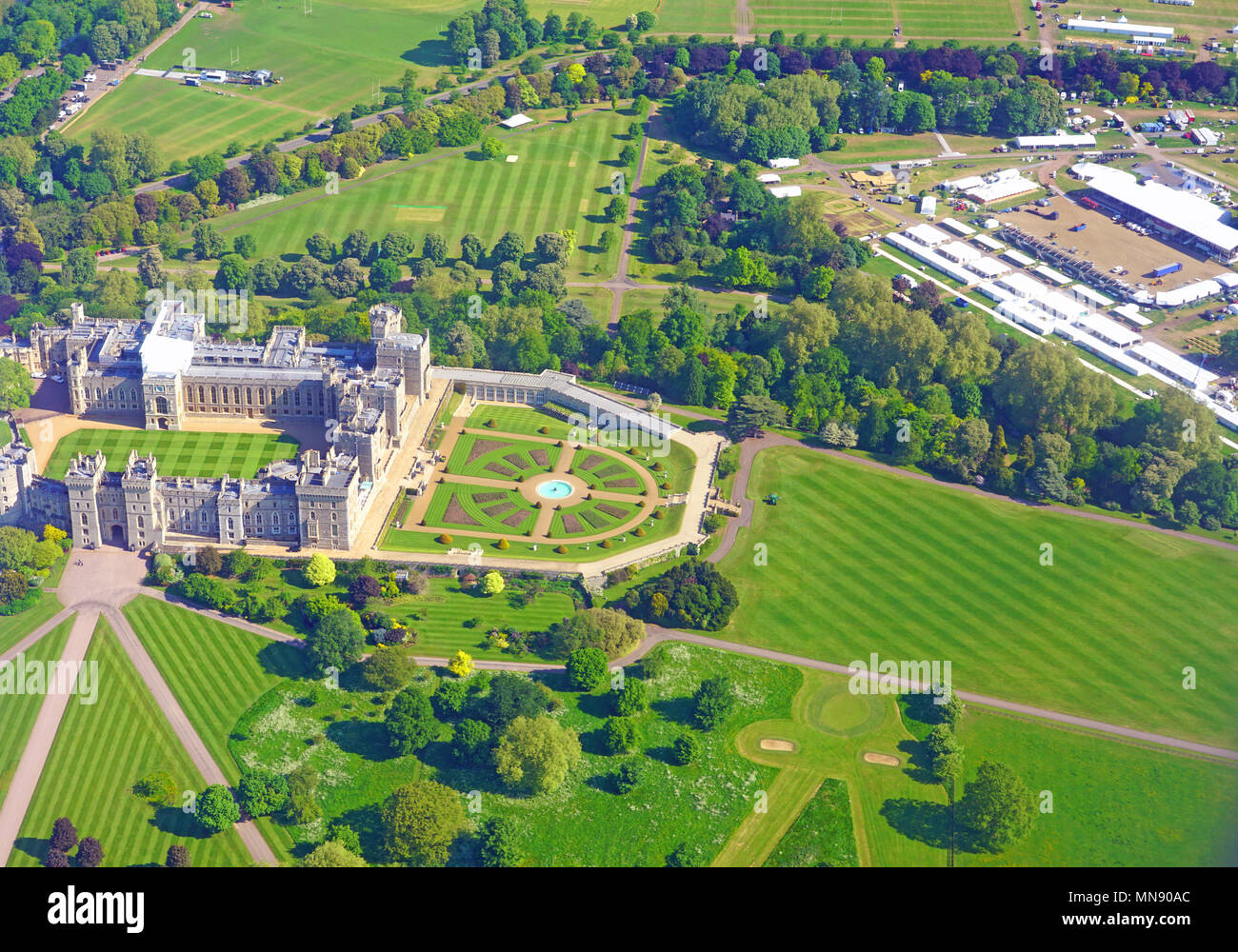 Aerial view of Windsor Castle and staging for the royal wedding of Prince Harry and American actress Meghan Markle to take place in May 2018. Stock Photo