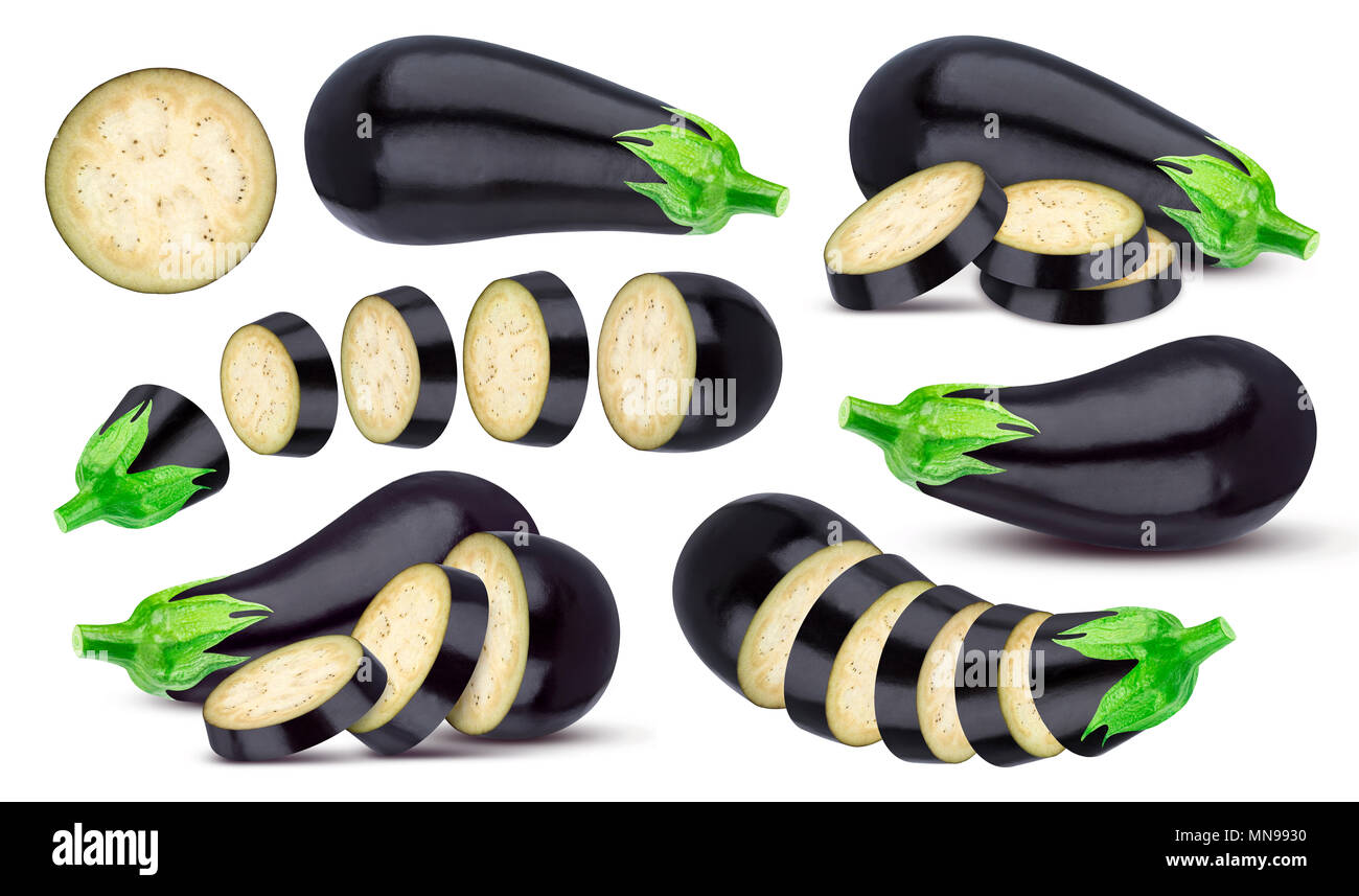 Isolated eggplant. Whole and sliced aubergine isolated on white background Stock Photo
