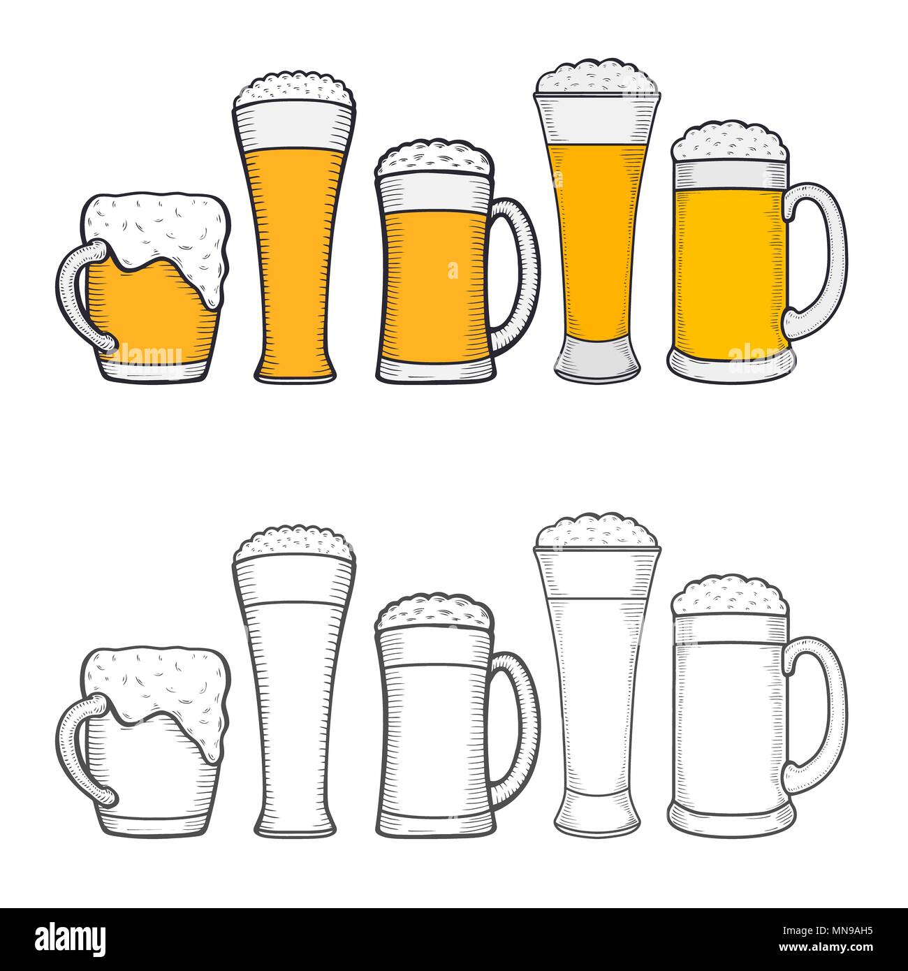 Glasses of beer, handdrawing oktoberfest beer, beer with foam Stock