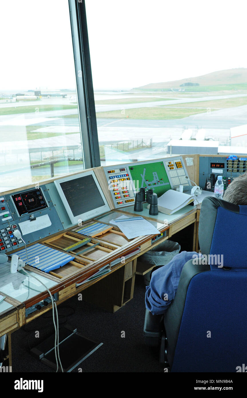 Inside air traffic control tower at Sumburgh airport in the Shetland Isles Stock Photo