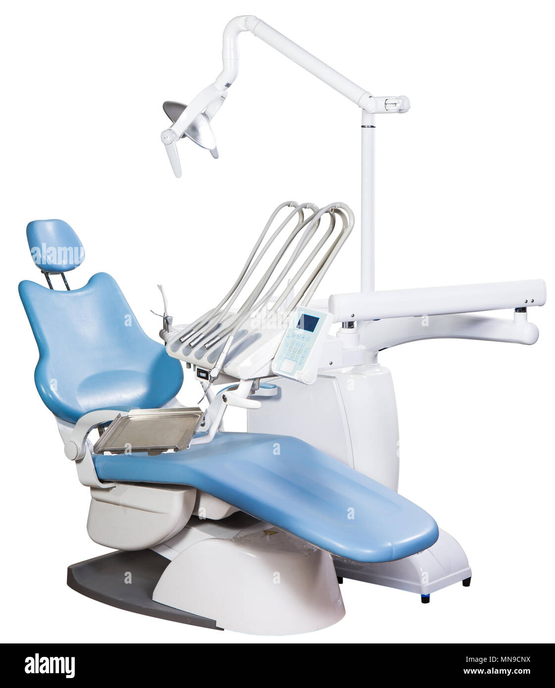 Modern medical special equipment blue dentist chair isolated on white
