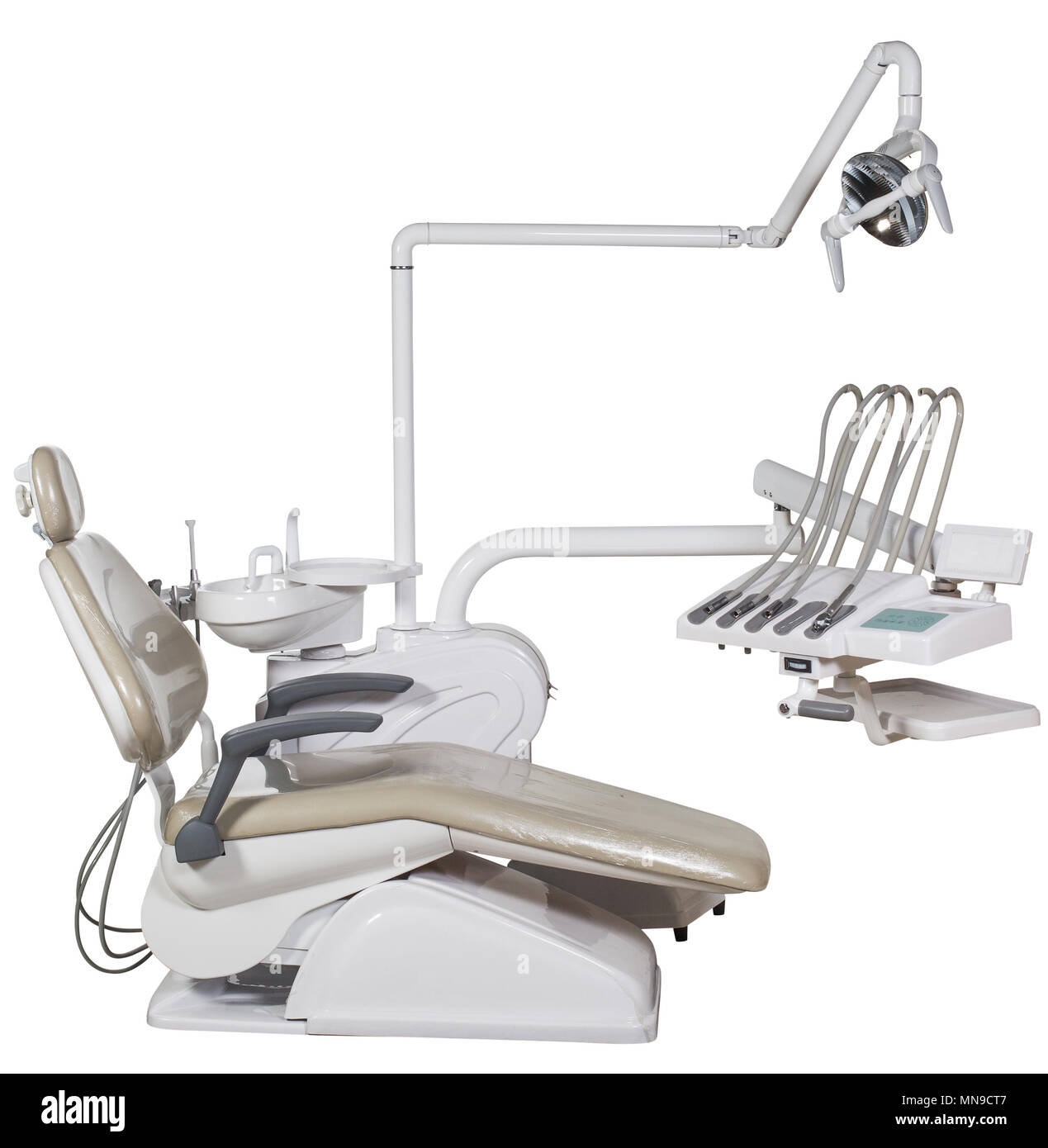 Modern medical special equipment gray dentist chair isolated on white