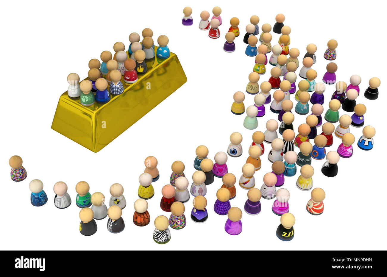 Crowd of small symbolic figures, gold bar, 3d illustration, isolated, horizontal, over white Stock Photo