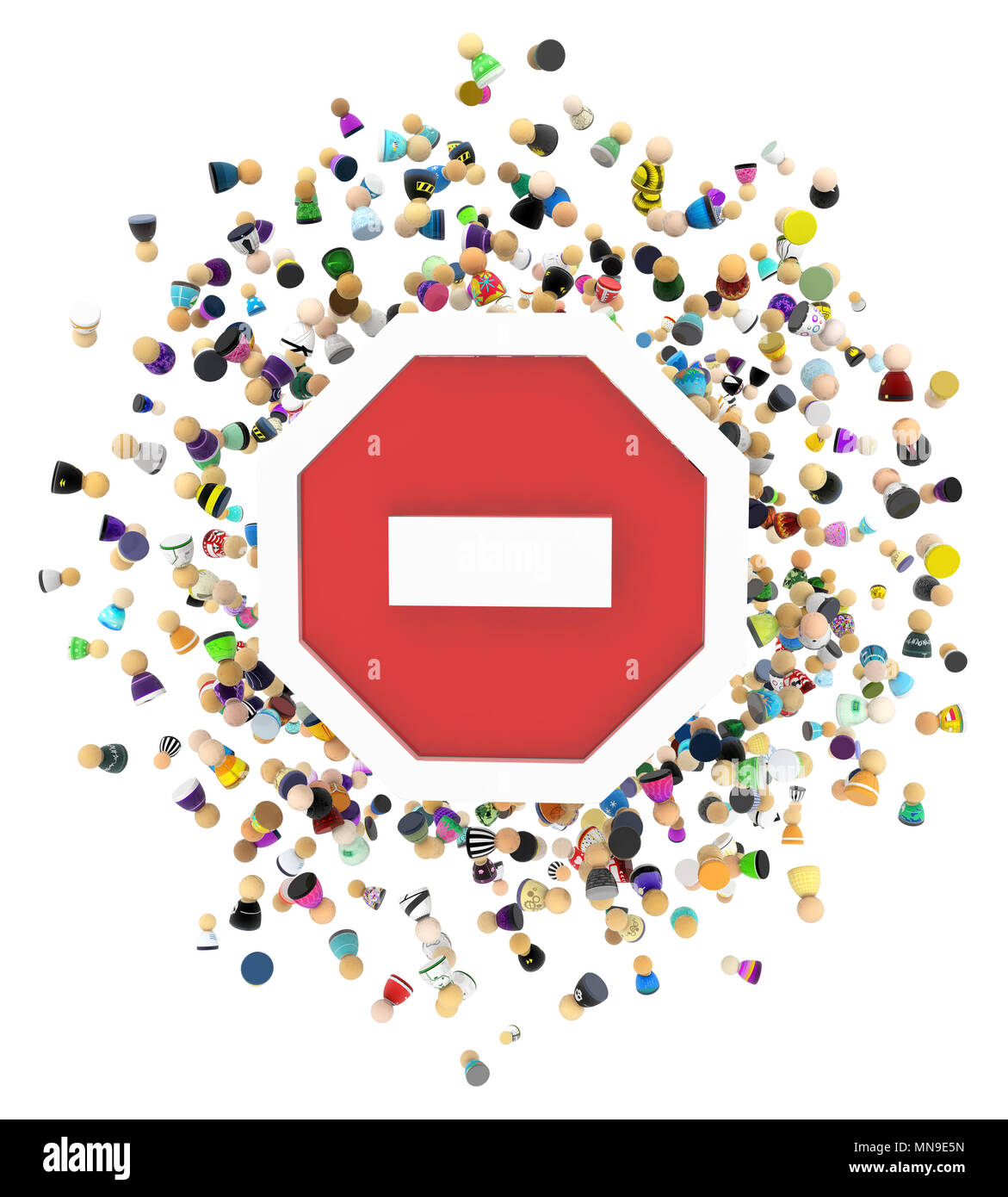 Crowd of small symbolic figures stop sign scatter, 3d illustration, horizontal, isolated, over white Stock Photo