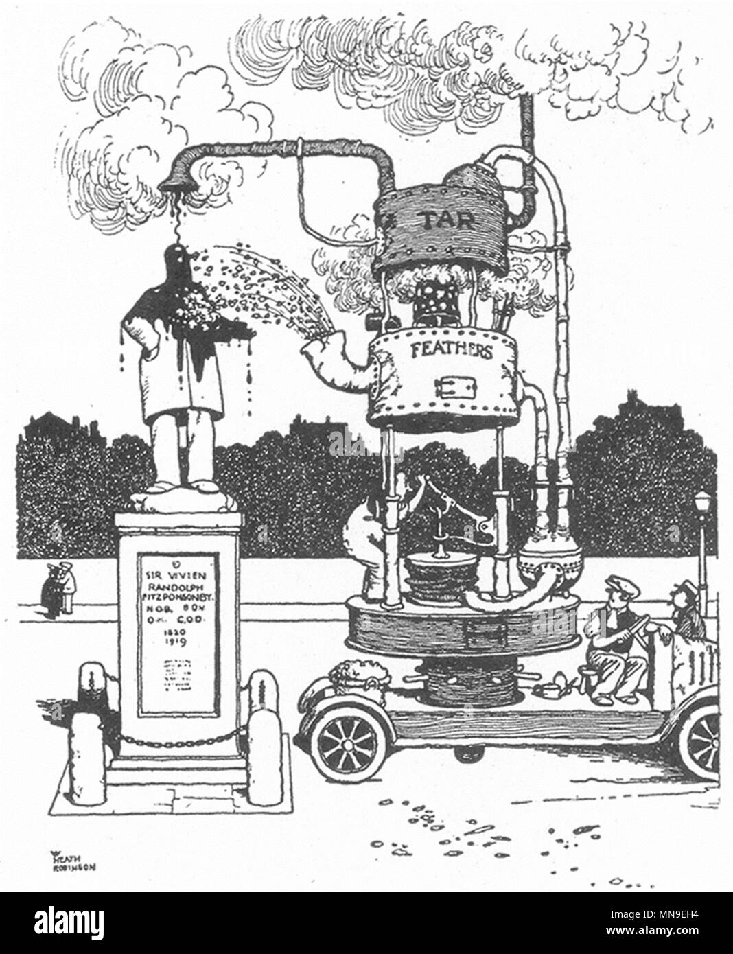 HEATH ROBINSON.Machine to express criticism of statues.Tar & Feathers.SMALL 1935 Stock Photo