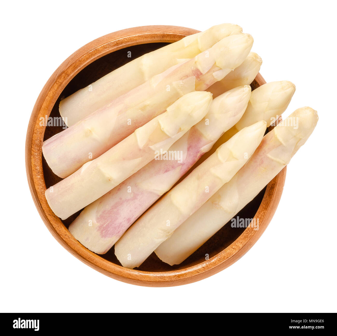 Raw white asparagus tips in wooden bowl. Blanched sparrow grass shoots. Cultivated Asparagus officinalis. Vegetable with thick stems and closed buds. Stock Photo