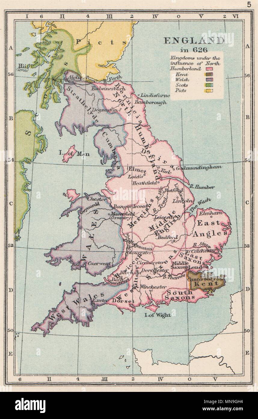 England In 626 Kingdom Of Northumberland Welsh Scots Picts Kent Small 1907 Map Stock Photo Alamy