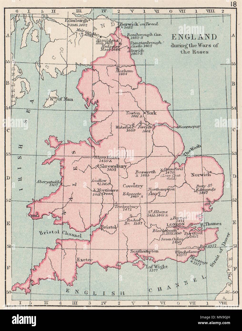 SMALL 1907 old map WARS OF THE ROSES Battles//raids /& dates England /& Wales