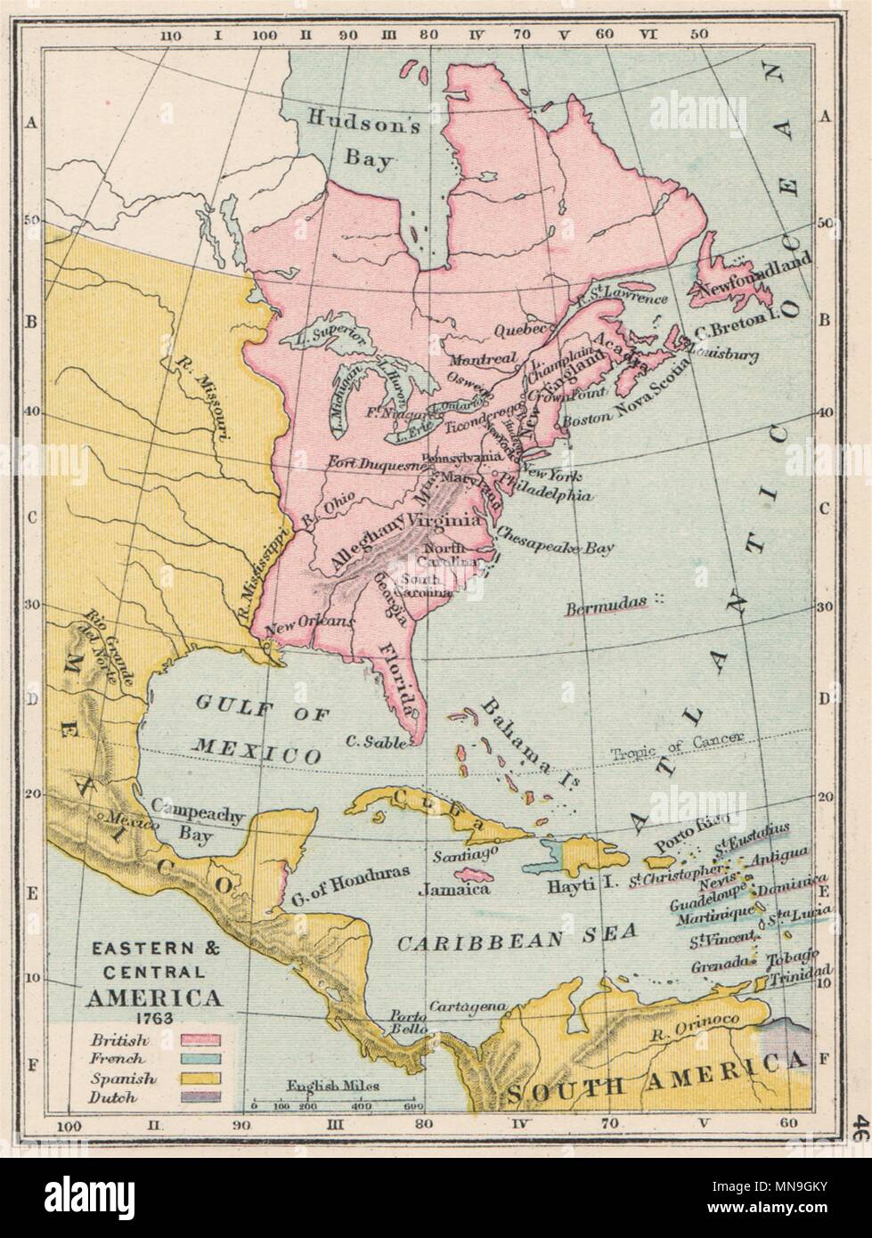 NORTH AMERICA & CARIBBEAN IN 1763. French British Spanish Dutch. SMALL 1907 map Stock Photo
