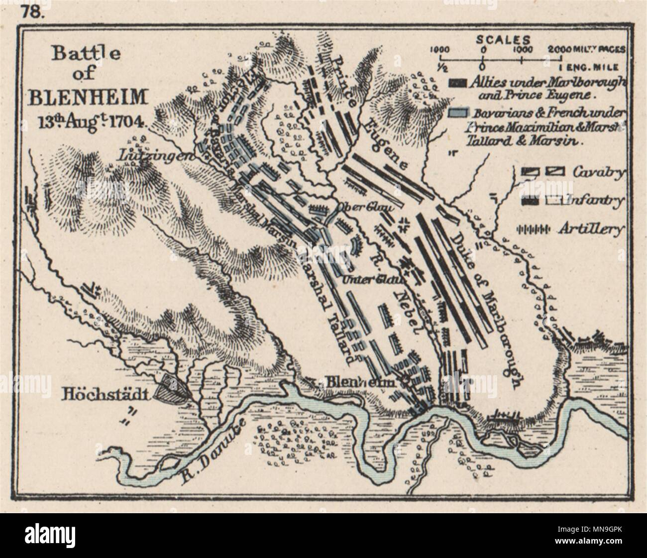 WAR OF SPANISH SUCCESSION. Battle of Blenheim 13th Aug. 1704. SMALL 1907 map Stock Photo