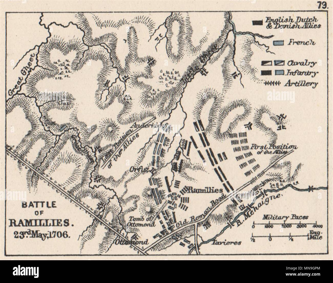 WAR OF SPANISH SUCCESSION. Battle of Ramillies 23rd May 1706. SMALL 1907 map Stock Photo
