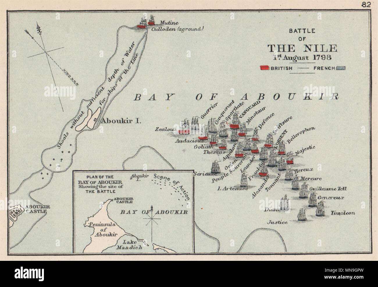 BATTLE OF THE NILE 1798. Aboukir Bay.French Revolutionary Wars. SMALL 1907 map Stock Photo