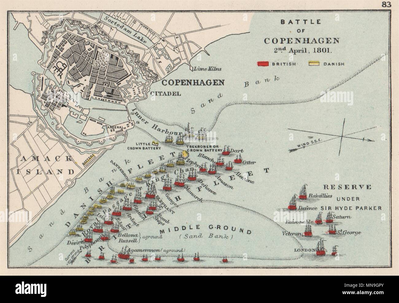 BATTLE OF COPENHAGEN. 2 April 1801. War of the Second Coalition. SMALL 1907 map Stock Photo