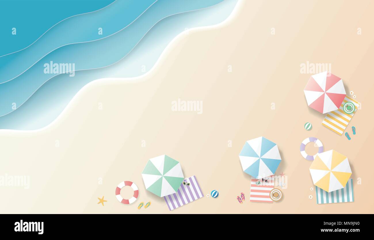 Summer Background Paper Art Style Top View With Umbrella Sunglasses