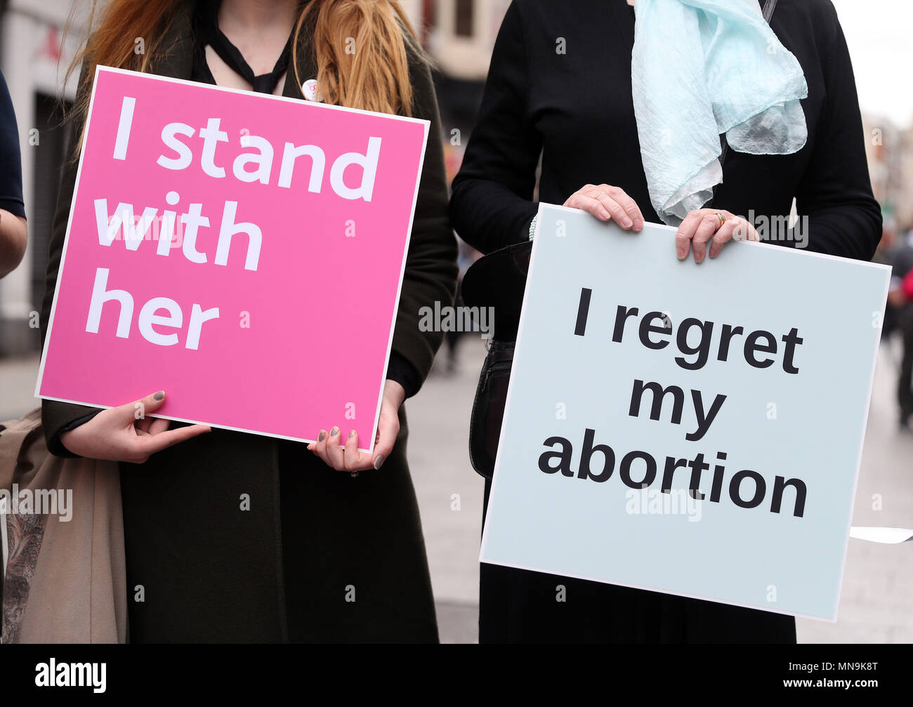 Women from the group Women Hurt gather on Grafton Street, Dublin, to call for a No vote ahead of the referendum on the 8th Amendment of the Irish Constitution on May 25th. Stock Photo