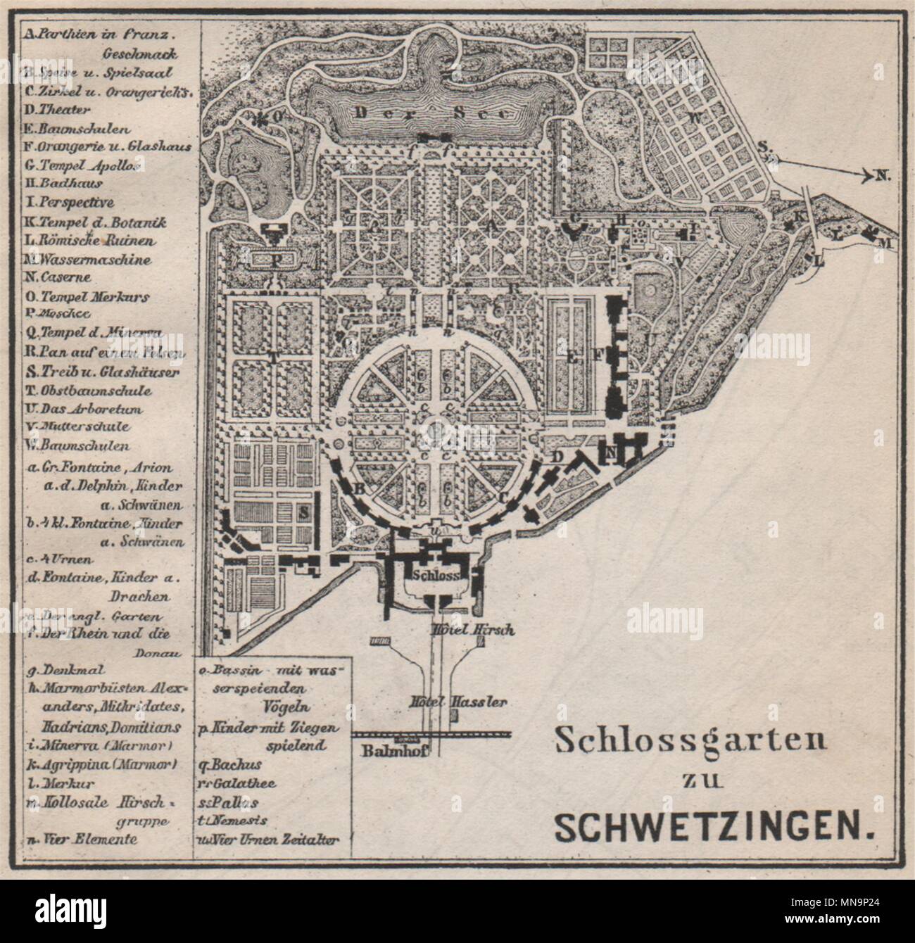 SCHLOSSGARTEN SCHWETZINGEN Palace ground plan. Baden-Württemberg. SMALL 1896 map Stock Photo
