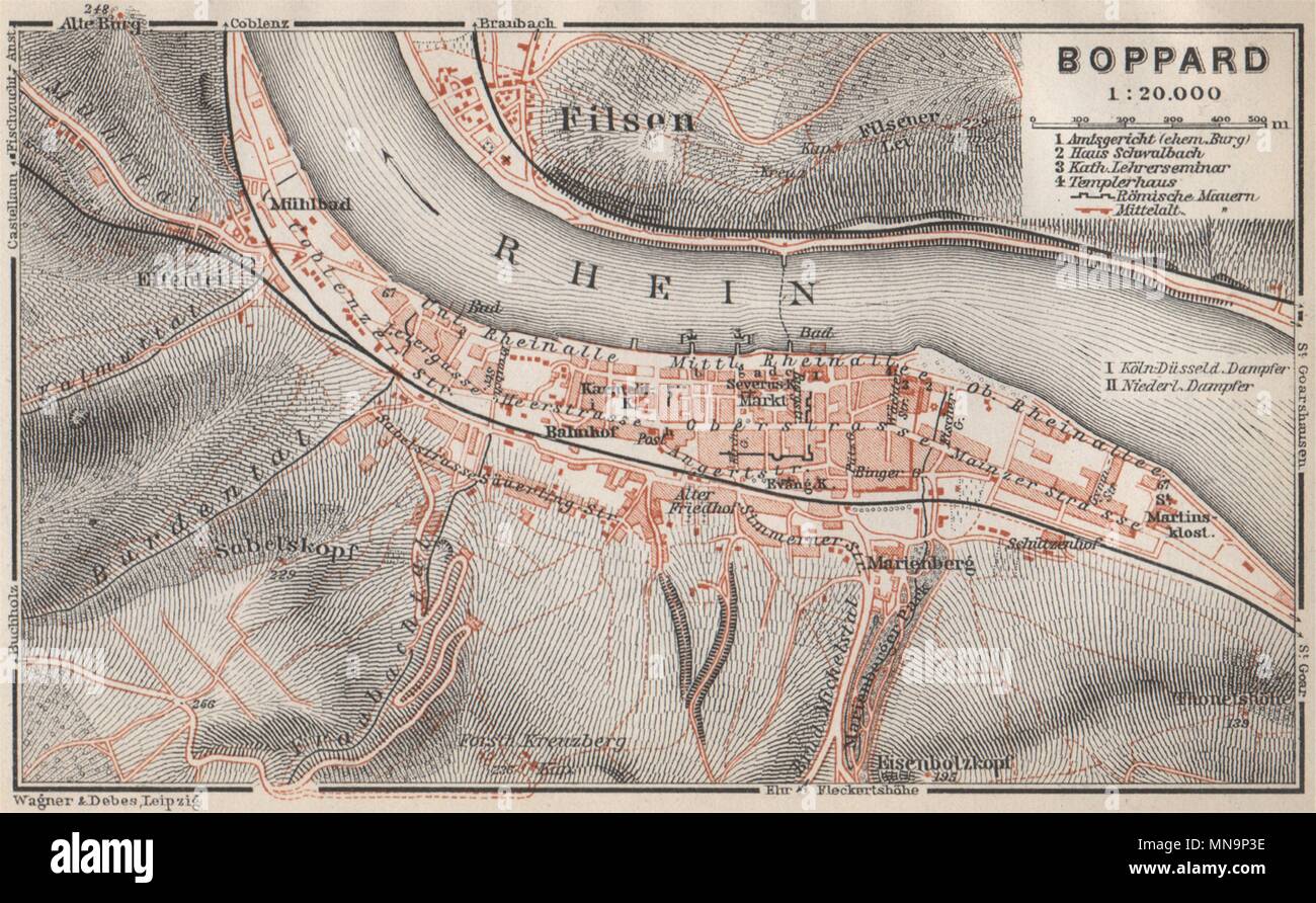Boppard Town City Stadtplan Rhineland Pflaz Deutschland Rhine Gorge 1926 Map MN9P3E 