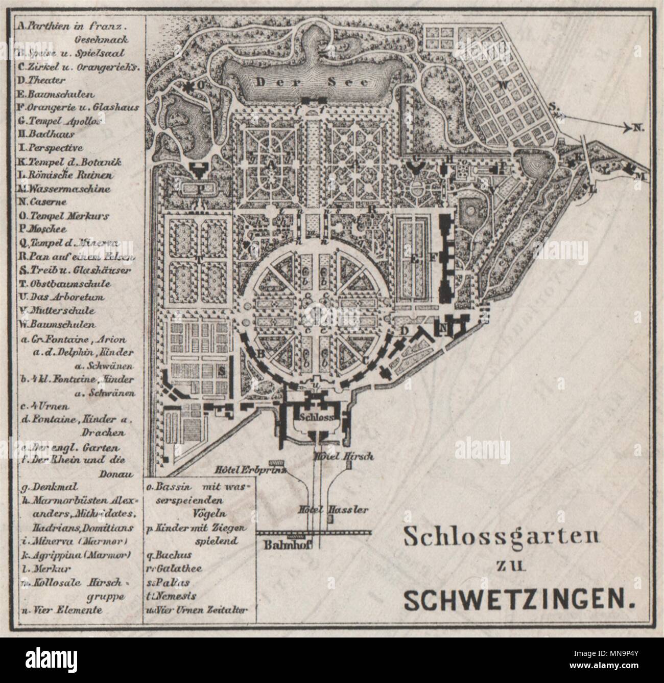 SCHLOSSGARTEN SCHWETZINGEN Palace ground plan. Baden-Württemberg. SMALL 1889 map Stock Photo