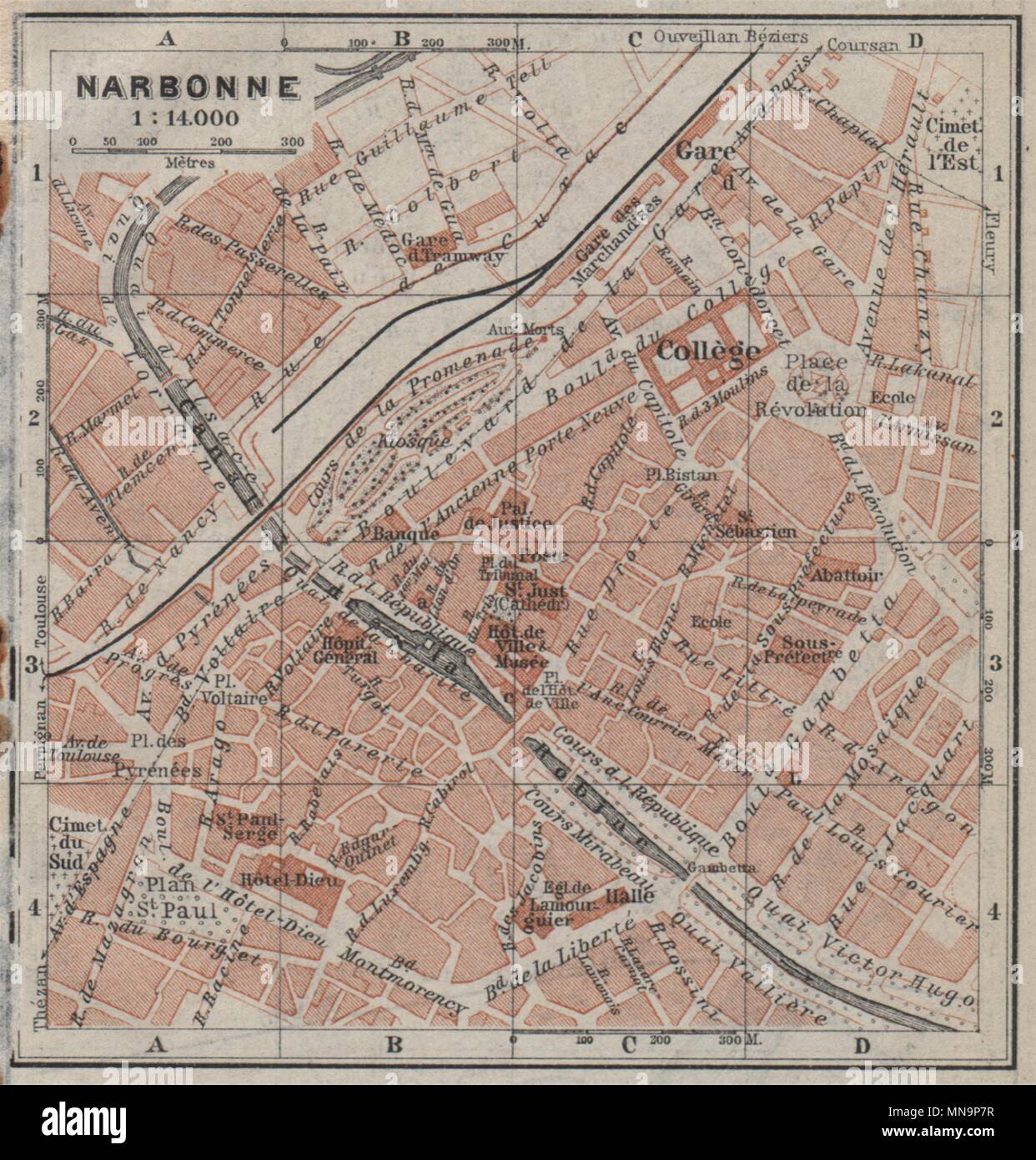 NARBONNE antique town city plan de la ville. Aude carte BAEDEKER. SMALL  1914 map Stock Photo - Alamy