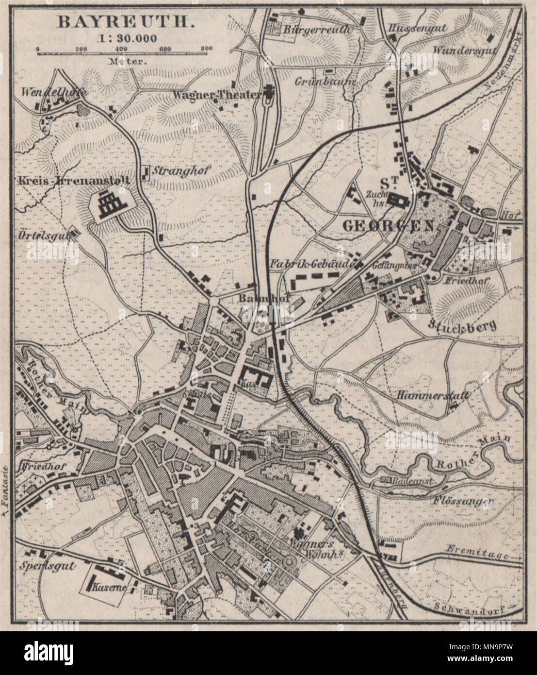 BAYREUTH antique town city stadtplan. Bavaria. St Georgen karte. SMALL