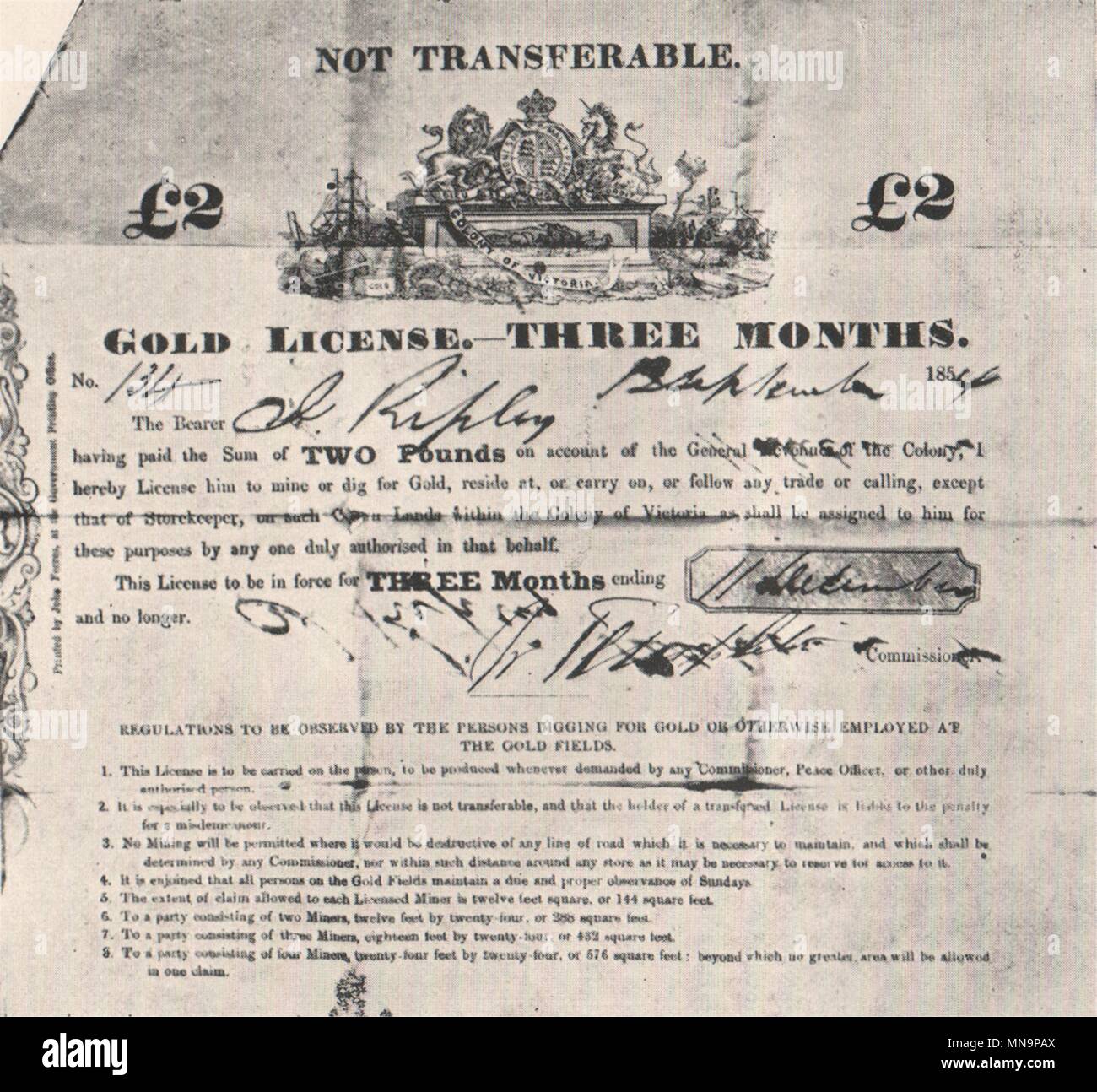 Gold mining licence, 1854. Victoria, Australia. 1909 antique print picture Stock Photo
