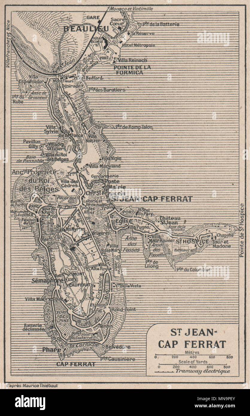 ST JEAN-CAP-FERRAT vintage town plan. Beaulieu-sur-Mer. Alpes-Maritimes 1930 map Stock Photo