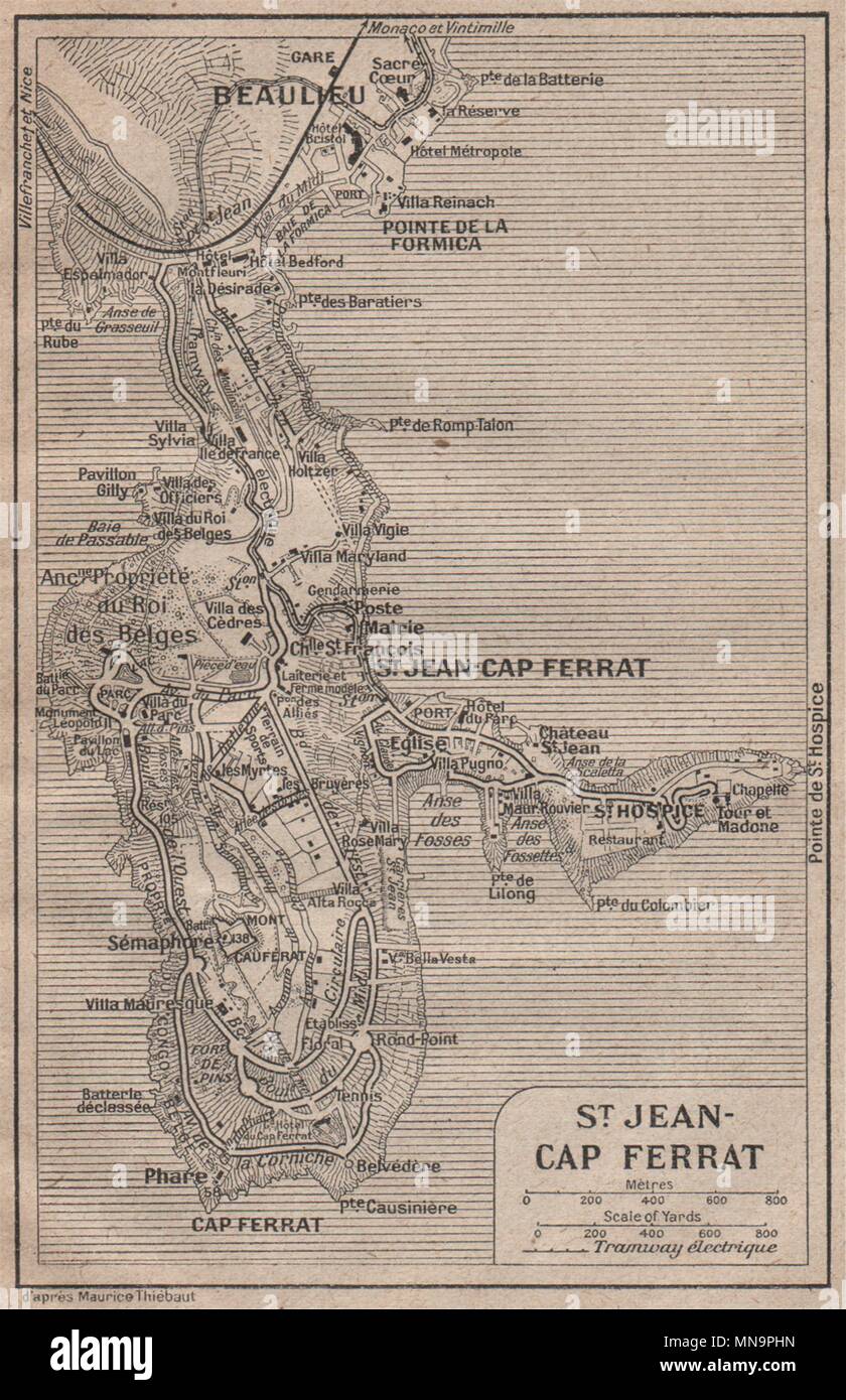 ST JEAN-CAP-FERRAT vintage town plan. Beaulieu-sur-Mer. Alpes-Maritimes 1925 map Stock Photo