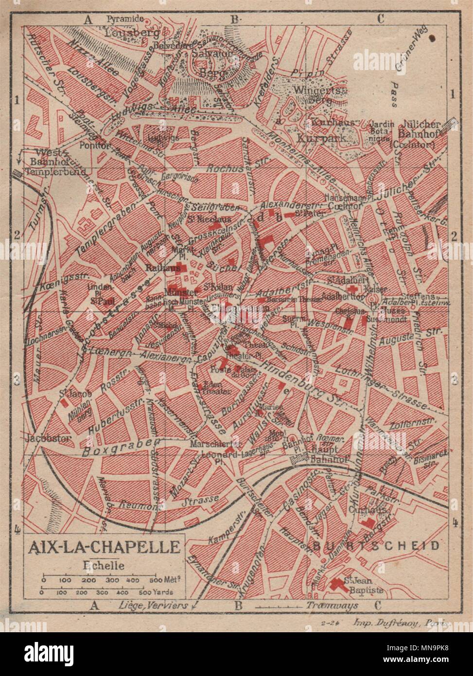 AACHEN AIX-LA-CHAPELLE AKEN vintage town city stadtplan. Germany 1920 