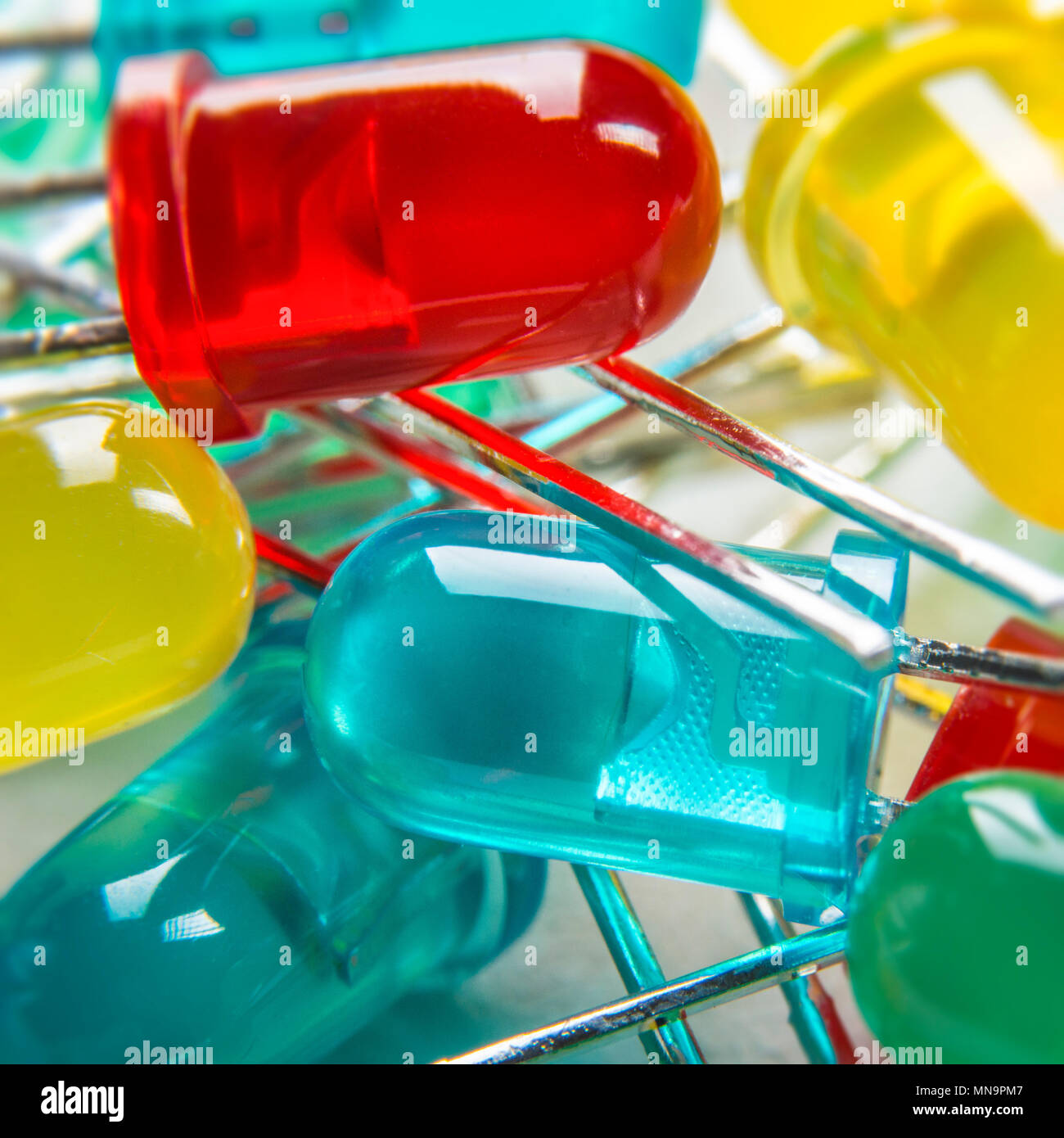 Extreme close up of led (Light-emitting diodes). Colorful electronic background. Stock Photo