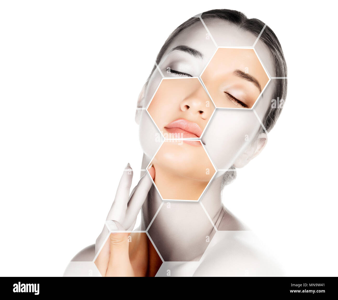 Pretty woman is touching her face, skin treatment concept Stock Photo ...