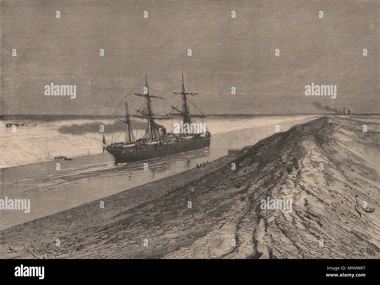 Suez Canal at the Serapeum. Egypt 1885 old antique vintage print picture Stock Photo