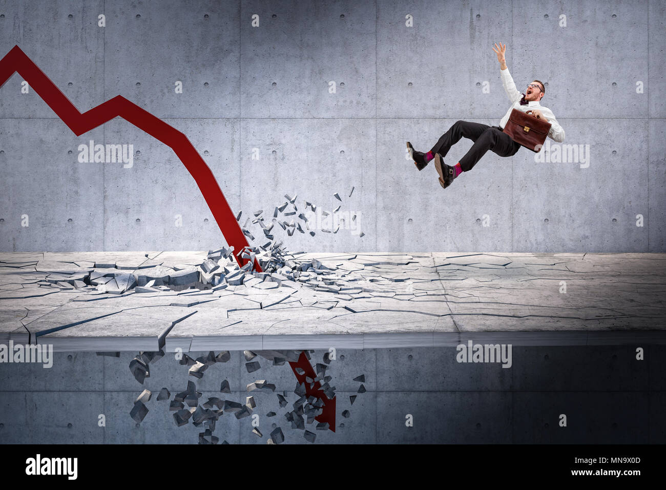 red financial arrow broke the floor and businessman jump away Stock Photo
