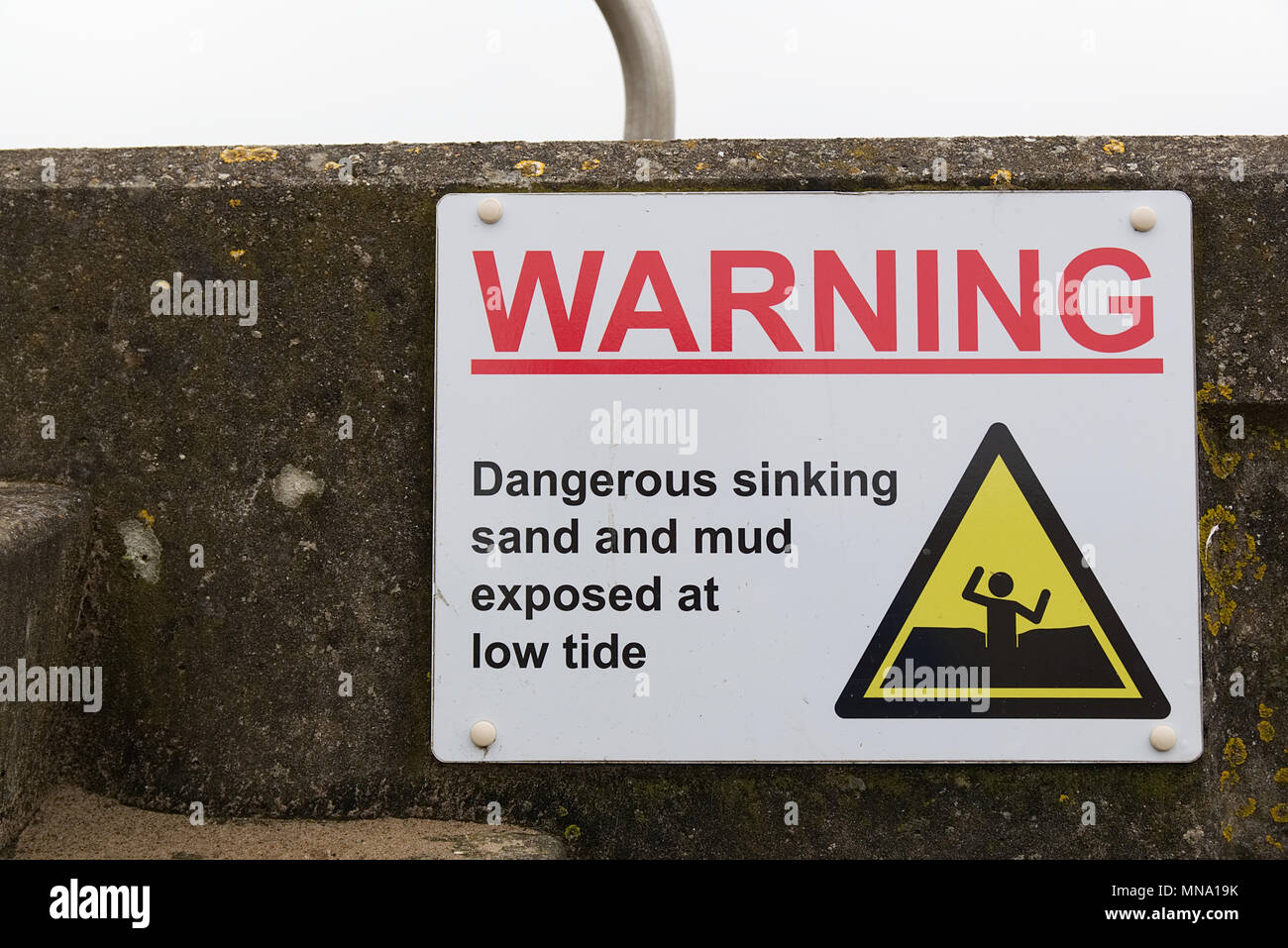 WARNING Dangerous sinking sand and mud exposed at low tide sign on old