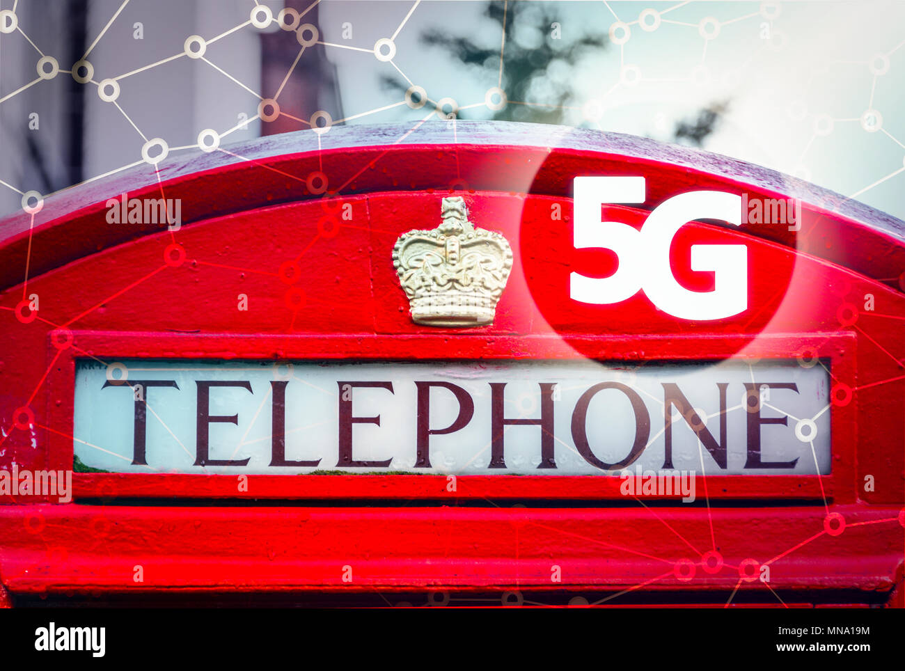 Digital composite of 5G with London Traditional red telephone box, K2 . 5G world summit event, High speed mobile web technology concept in London. Stock Photo